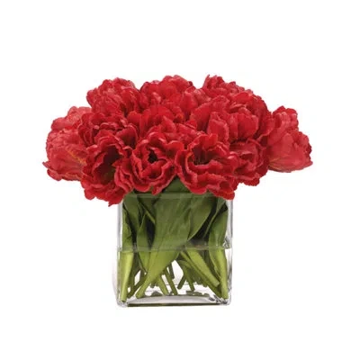 Ndi Real-touch Tulip, Red, Glass Cube, 16wx15dx14h