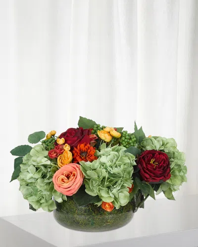 Ndi Rose Hydrangea Moss Garden Faux-floral Arrangement In Glass Bowl, 17w17d10h In Orange