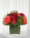 Ndi Rose Peony Faux-floral Arrangement In Glass Cube With Moss, 13wx13dx12h In Orange