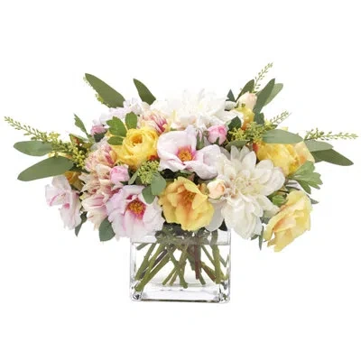 Ndi Rose Peony, Pink Yellow, Glass Cube, 18wx19dx12h
