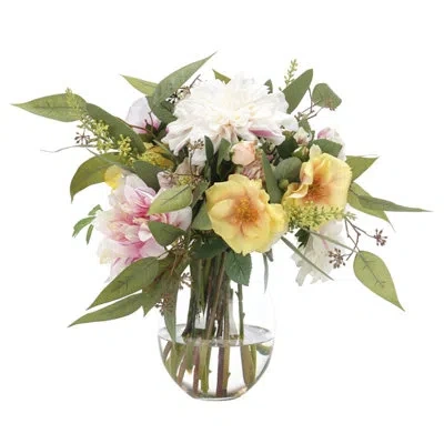Ndi Rose Peony, Pink Yellow, Glass Vase, 20wx19dx16h