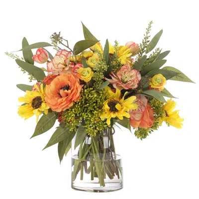 Ndi Rose Sunflower, Orange Yellow, Glass Vase, 18wx17dx16h
