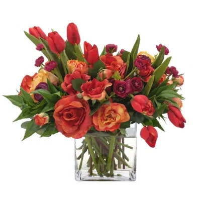 Ndi Rose Tulip, Orange Red, Glass Cube, 18wx17dx14h