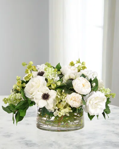 Ndi Roses & Anemones 19" Faux Floral Arrangement In Glass Bowl In White