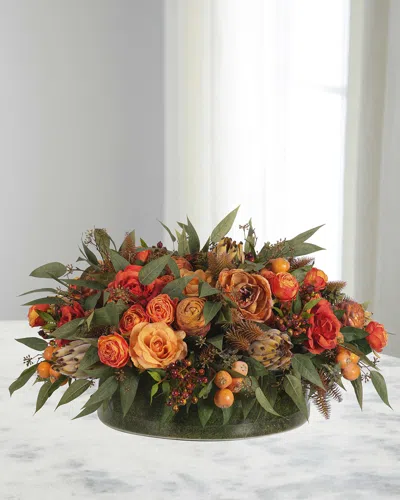Ndi Roses & Proteas 28" Faux Floral Arrangement In A Moss Glass Bowl