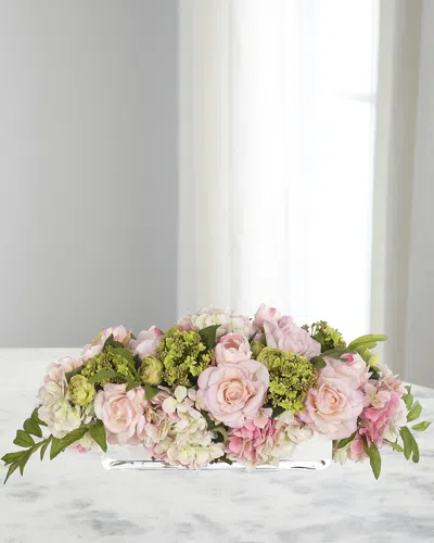 Ndi Roses & Ranunculus 30" Faux Floral Arrangement In A Glass Rectangle