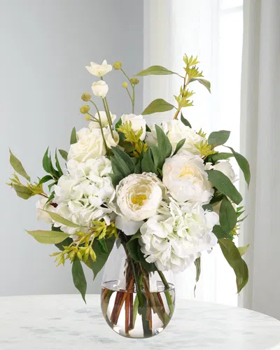 Ndi White Hydrangeas & Roses 24" Faux Floral Arrangement In Glass Vase