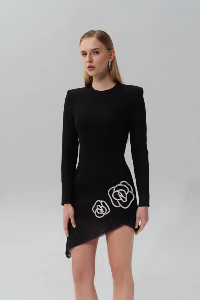Nds The Label Black Asymmetrical Mini Dress With Crystal Rose Embellishments