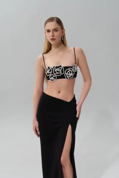 Nds The Label Black Crystal Rose Embellished Bralette Top