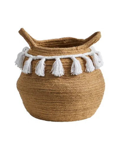 Nearly Natural 11" Boho Chic Handmade Natural Cotton Woven Basket Planter With Tassels In Beige