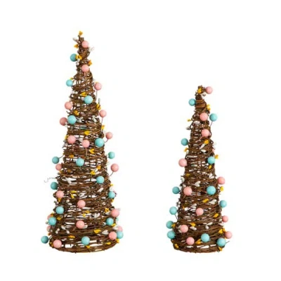 Nearly Natural 12-in And 16-in  Artificial Easter Rattan Cone Trees With Pastel Eggs In Brown