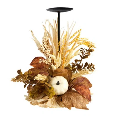 Nearly Natural 12-in Autumn Harvest And Pumpkin Fall Candle Holder In Multi