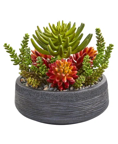 Nearly Natural 12" Succulent Garden Artificial Plant In Bowl In Multi