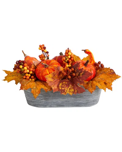 Nearly Natural 12in Fall Pumpkin & Berries Harvest Artificial Arrangement In Vase In Orange