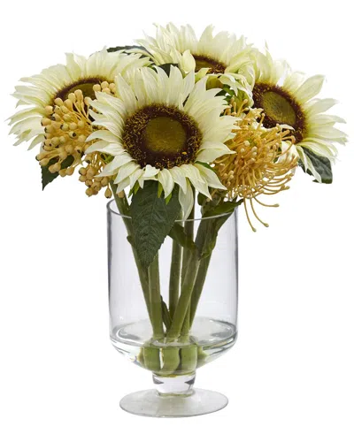 Nearly Natural 12in. Sunflower & Sedum Artificial Arrangement In Vase In Multi