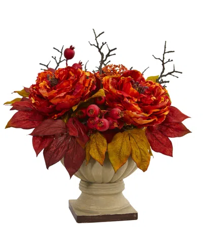 Nearly Natural 15" Peony And Sedum Artificial Arrangement In Orange