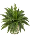 Nearly Natural 15in Artificial Boston Fern Plant With Tuscan Ceramic Scroll Planter In Green