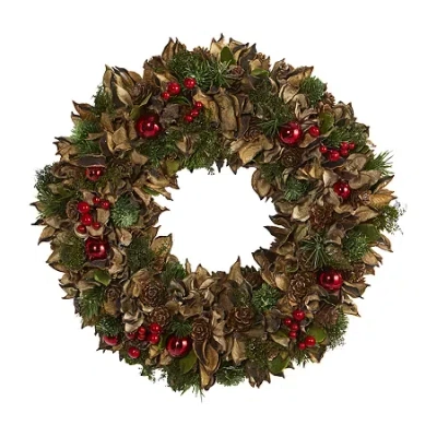 Nearly Natural 15in. Holiday With Pine Cones And Ornaments Wreath In Green