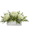 Nearly Natural 15in Hydrangea And Eucalyptus Artificial Arrangement In White Vase In White
