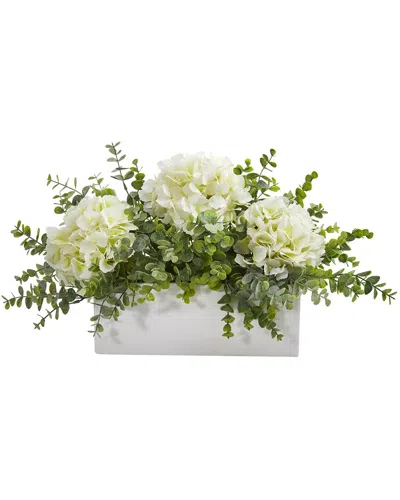 Nearly Natural 15in Hydrangea And Eucalyptus Artificial Arrangement In White Vase