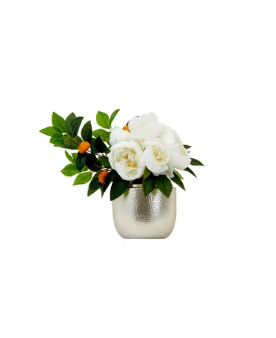 Nearly Natural 16in Artificial Peony Dahlia Arrangement With Vase In White