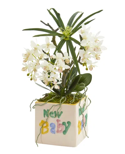 Nearly Natural 16in. Orchid Phalaenopsis And Cyperus Artificial Arrangement In "new Baby" Vase In White