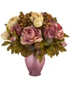 Nearly Natural 16in. Peony Artificial Arrangement In Rose Colored Vase In Green