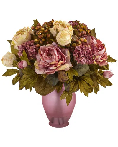 Nearly Natural 16in. Peony Artificial Arrangement In Rose Colored Vase In Green