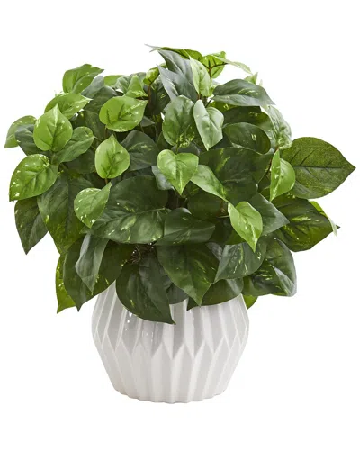 Nearly Natural 16in. Pothos Artificial Plant In White Ceramic Vas In Green