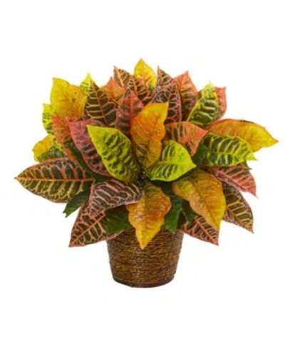Nearly Natural 17" Garden Croton Artificial Plant In Basket Real Touch In Orange