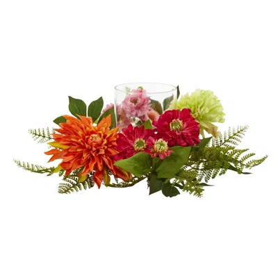 Nearly Natural 17" Mixed Floral And Dahlia Candelabrum In Orange