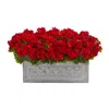 Nearly Natural 18" Geranium Artificial Plant In Stone Planter In Red