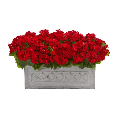 Nearly Natural 18" Geranium Artificial Plant In Stone Planter In Red