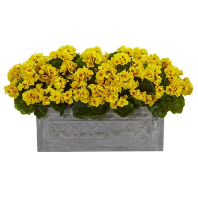 Nearly Natural 18" Geranium Artificial Plant In Stone Planter In Yellow