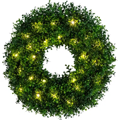 Nearly Natural 18-in Pre-lit Artificial Boxwood Wreath With 25 Warm White Led Lights In Green