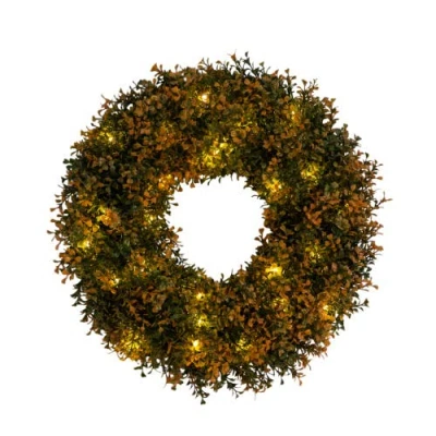Nearly Natural 18-in Pre-lit Autumn Boxwood Artificial Fall Wreath With 25 Warm White Led Lights In Multi