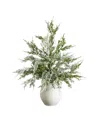 Nearly Natural 18" Pre-lit Artificial Snowed Cypress Christmas Tree Led Lights In Ceramic Planter In Green