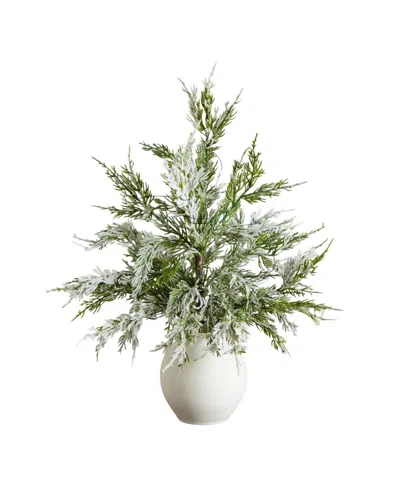 Nearly Natural 18" Pre-lit Artificial Snowed Cypress Christmas Tree Led Lights In Ceramic Planter In Green