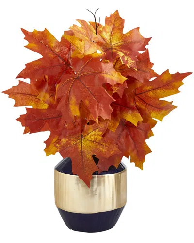 Nearly Natural 18in Autumn Maple Leaf Artificial Plant In Blue And Gold Planter In Orange