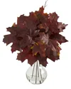 Nearly Natural 18in Autumn Maple Leaf Artificial Plant In Glass Planter In Burgundy