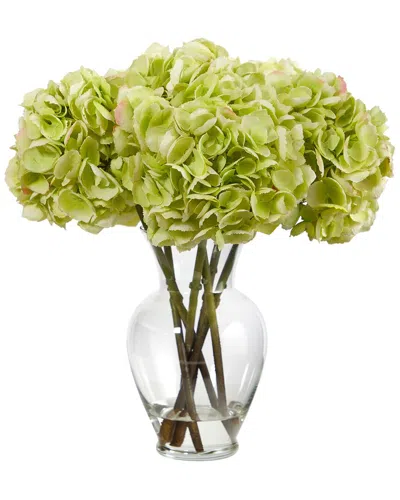 Nearly Natural 18in Hydrangea Artificial Arrangement In Glass Vase In Green