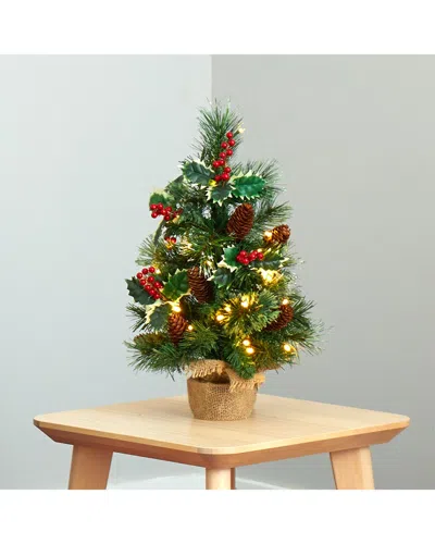 Nearly Natural 18in. Mixed Pine Artificial Christmas Tree With Holly Berries, Pinecones, 35 Clear Le In Green