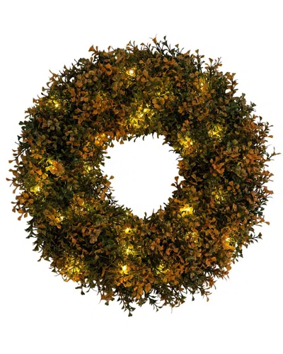 Nearly Natural 18in. Pre-lit Autumn Boxwood Artificial Fall Wreath In Green