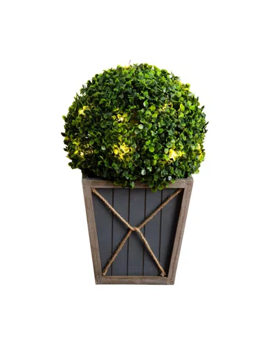 Nearly Natural 18in. Uv Resistant Artificial Boxwood Ball Topiary With Led Lights In Decorative Planter Indoor/outd In Green