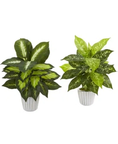 Nearly Natural 19" Dieffenbachia Artificial Plant In White Vase, Set Of 2 In Green