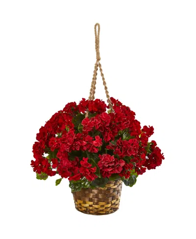 Nearly Natural 19" Geranium Hanging Basket Artificial Plant Uv Resistant In Red