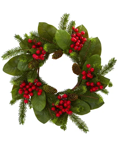 NEARLY NATURAL NEARLY NATURAL 19IN MAGNOLIA LEAF, BERRY AND PINE ARTIFICIAL WREATH