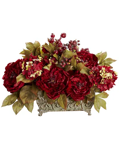 Nearly Natural 19in Peony & Hydrangea Silk Flower Arrangement