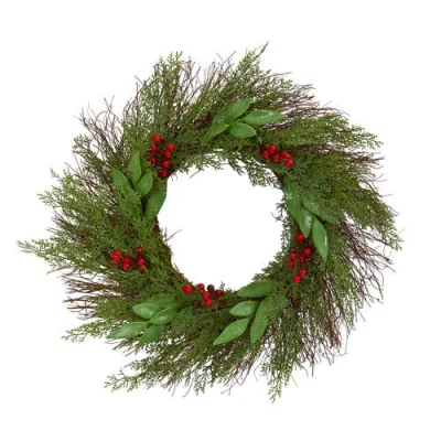 Nearly Natural 20-in Cedar And Ruscus With Berries Artificial Wreath In Green