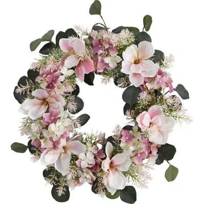 Nearly Natural 20-in Hydrangea And Magnolia Artificial Wreath In Gray